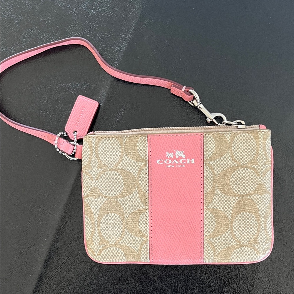 Coach Signature Pink and Tan Wristlet NWOT